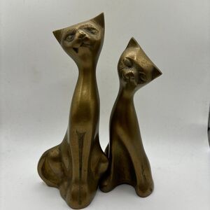 Pair Of Vintage MCM Solid Brass Sitting Siamese Cat Figurines